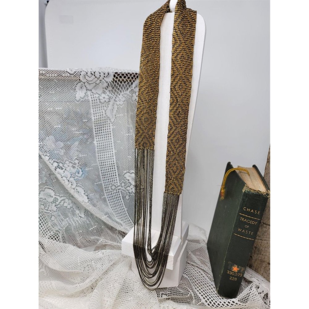 Elegant Hand Woven Seed Bead & Chain Necklace - Picture 7 of 8